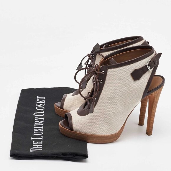 Hermes Off White/Brown Canvas and Leather Platform Booties Size 37 488-050125 - Picture 9 of 9